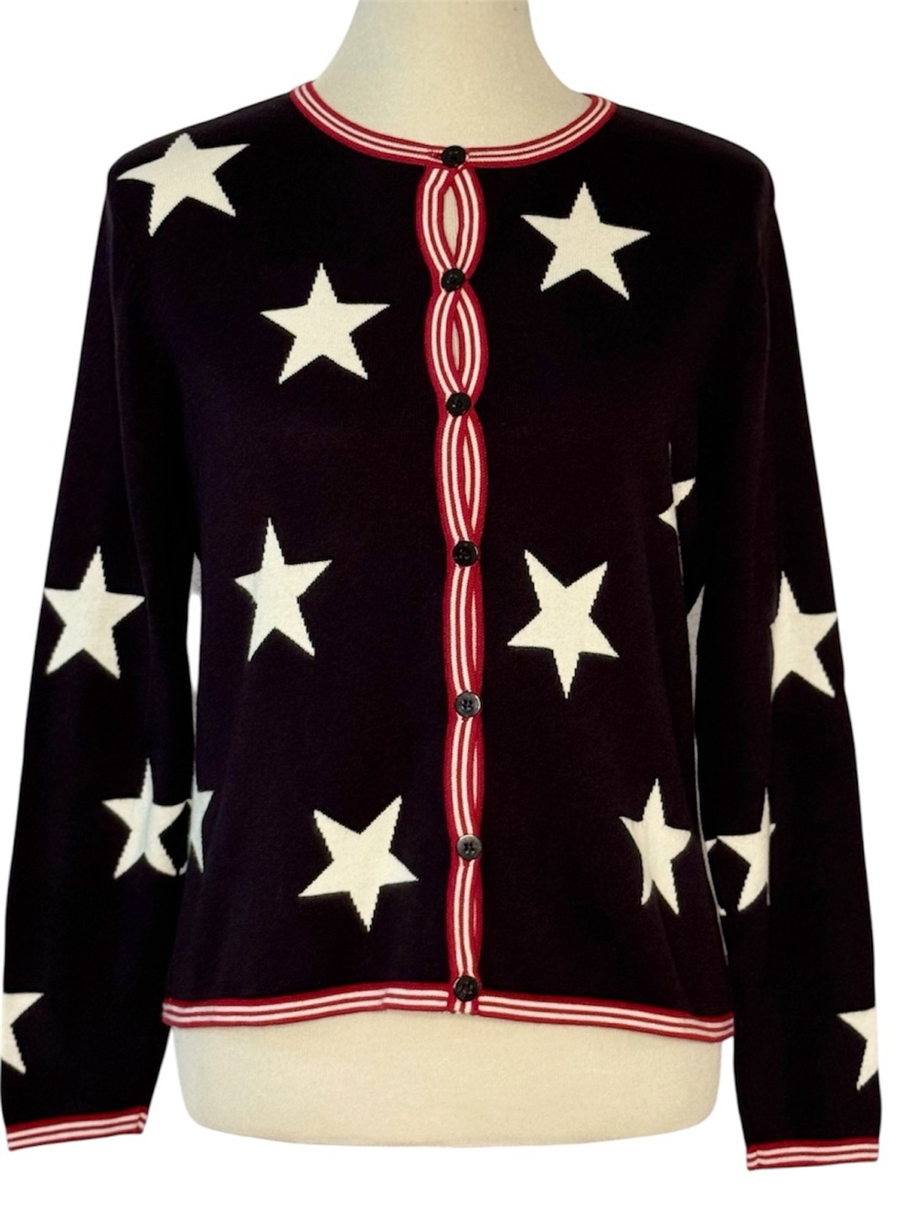 Talbots Petites Star Print Cardigan Sweater Small Navy Red White Patriotic knit